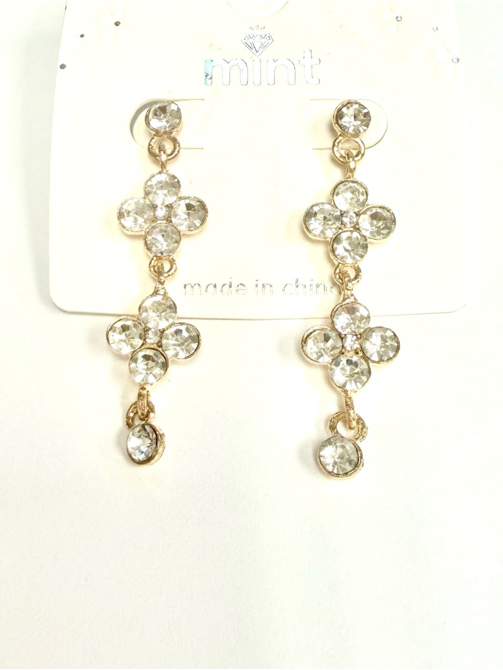 Mint Gold-Tone Clear Crystal Floral Drop Earrings